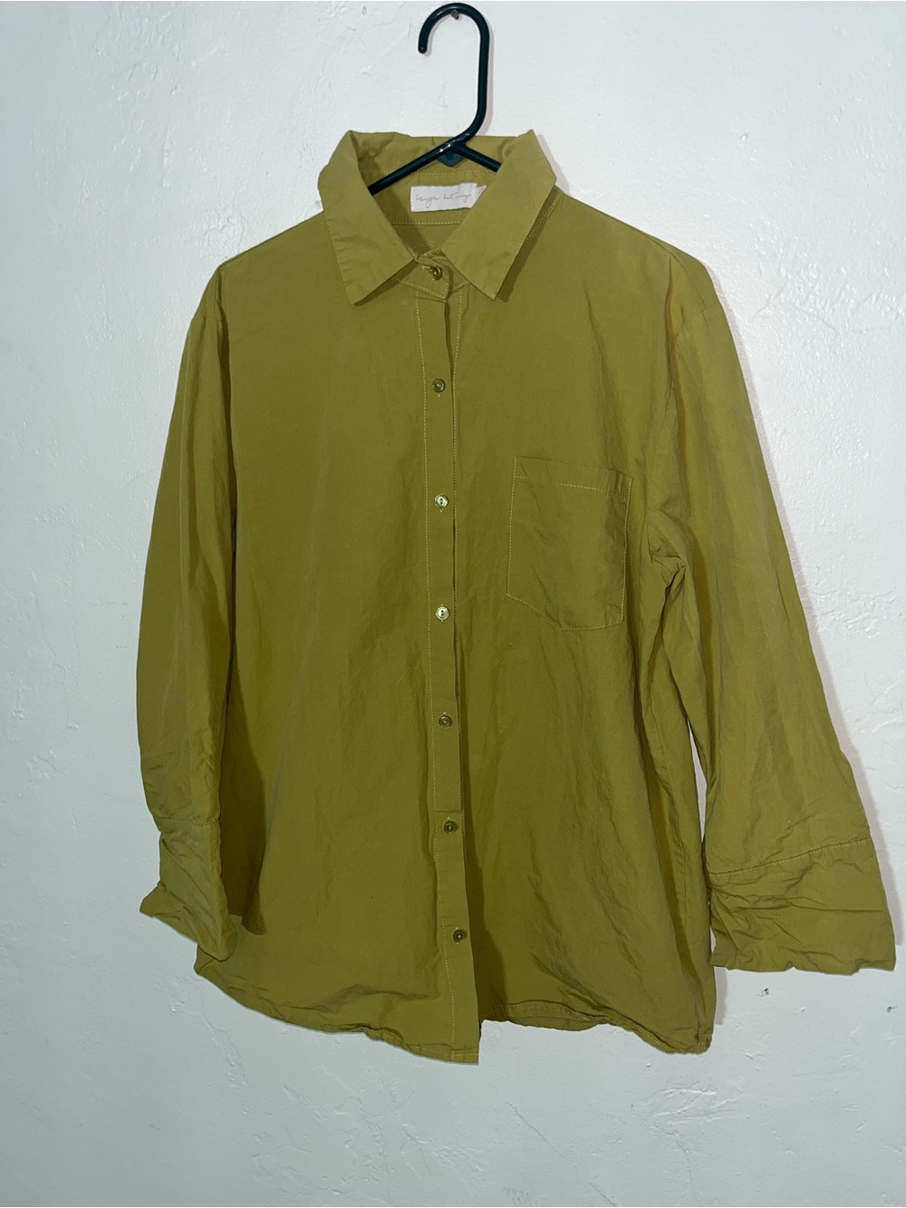 BEIGE BOTANY oversized chartreuse mustard green button down pocket shirt in sage